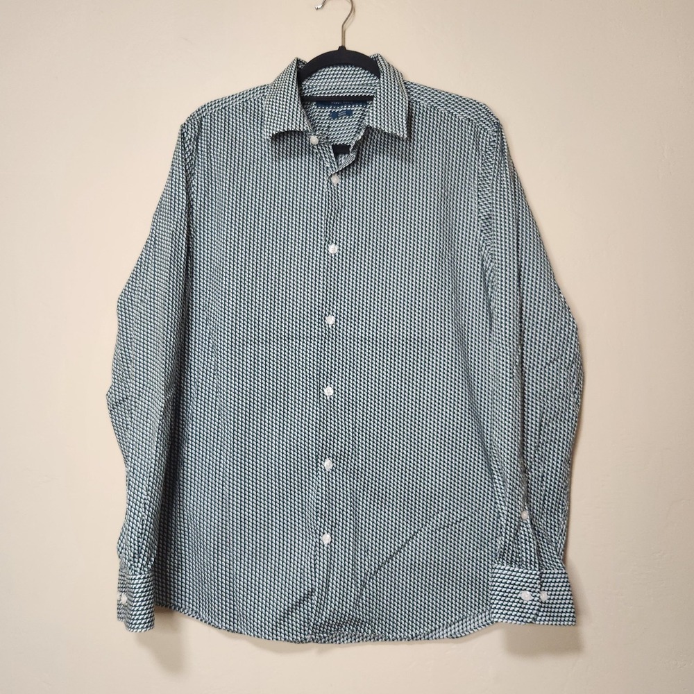 Perry Ellis Button Down Shirt Men's Size Large Slim Stretch Long Sleeve Green